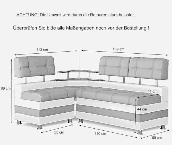 Rodnik Eckbank "Latte", Grau, gepolstert, mit Stauraum und Ablage, mit Rueckenlehne, Rechtsseitig und Linksseitig montierbar, Kunstleder, Spanplatte, 169cmx113 cm