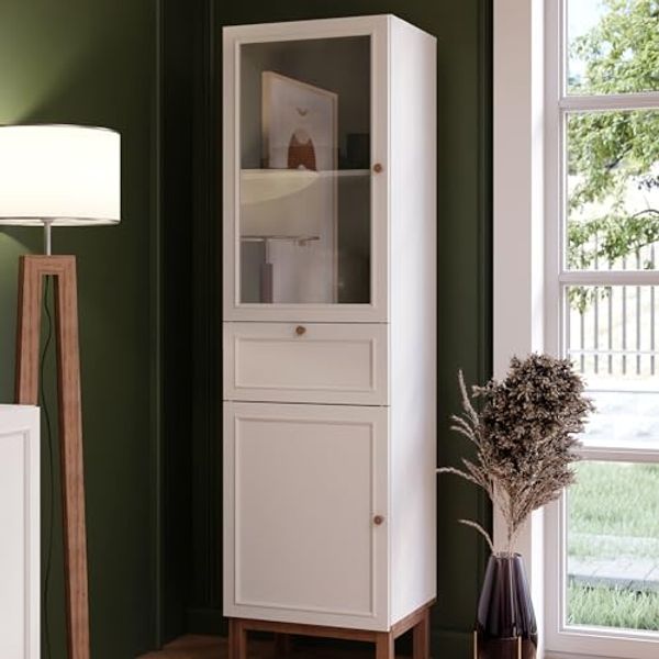 Forte PENKRIDGE Vitrine 50, Landhaus Vitrine mit 2 Türen und 1 Schublade, Glasfront, Wohnzimmer, Secret Grey mit Schlammeiche Holzdekor, 50,2 cm breit x 184,6 cm hoch x 41,7 cm tief
