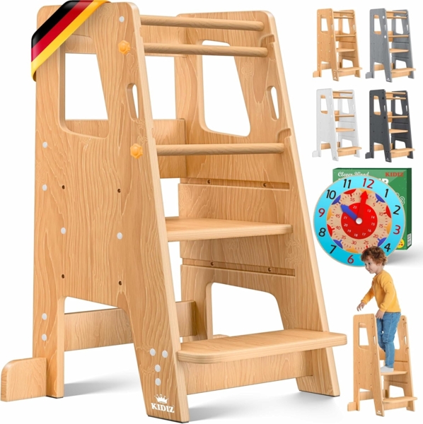 KIDIZ® Lernturm für Kinder ab 1 Jahr inkl. Lernuhr | 3-stufig Höhenverstellbarer Tritthocker aus Kiefernholz | spielerisch motorische Fähigkeiten fördern Montessori Learning Tower bis 50 kg belastbar Hellbraun