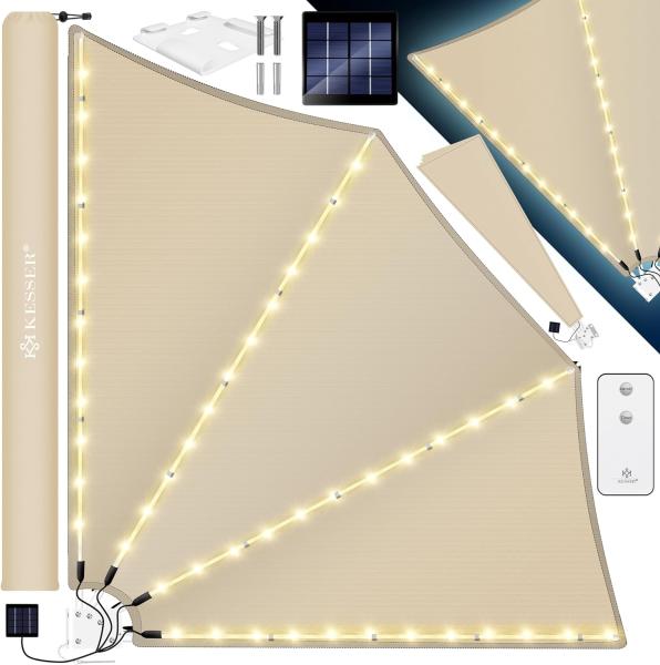 KESSER® Balkonfächer mit LED | klappbar mit Wandhalterung | 140x140cm | Sichtschutz Balkon Windschutz | Balkonsichtschutz | Seitenmarkise | witterungsbeständig | inkl. Montagematerial Beige