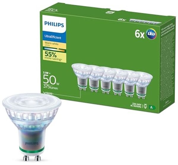 Philips UltraEfficient LED-Lampen GU10 Spots, 6er-Pack, 375 Lumen, 50 W, Flimmerfrei, Augenkomfort, Lange Lebensdauer, Warmweißes Licht 2.700 K
