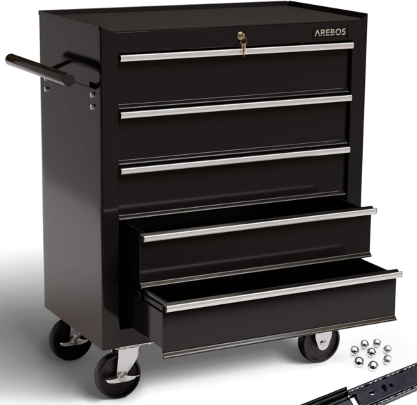 Arebos Werkstattwagen Werkstattwagen 5 Fächer, zentral abschließbar, schwarz, (Set, Werstattwagen 5 Schubladen schwarz)