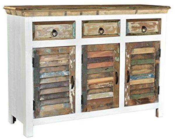Sideboard Kommode Holz Perth 3-türig massivum 125x90x42 cm recyceltes Holz weiß bunt Landhausstil Shabby-Chic Wohnzimmer Flur Küche