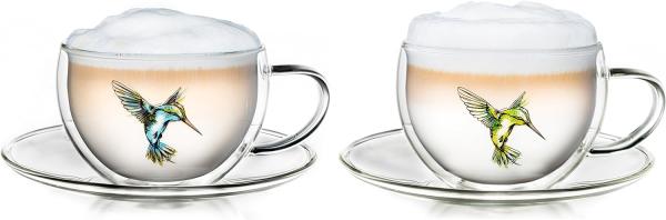 Creano Teeglas Creano 2er-Set Thermo-Tassen "Hummi" für Tee/Latte Macchiato, doppelwa, Borosilikatglas, 2 Tassen mit Untertassen