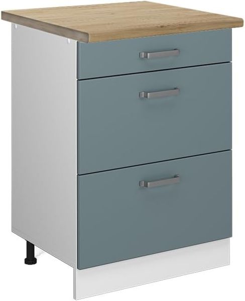 Vicco Küchenunterschrank R-Line, Blau-Grau/Weiß, 60 cm mit Schubladen, AP Eiche