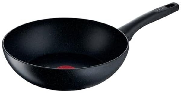 Tefal G28119 Black Stone Wokpfanne 28 cm | Mineralia+ Antihaftversiegelung | sicher | Thermo-Signal | induktionsgeeignet | gesund Kochen | Stone-Effekt | Schwarz, Aluminium