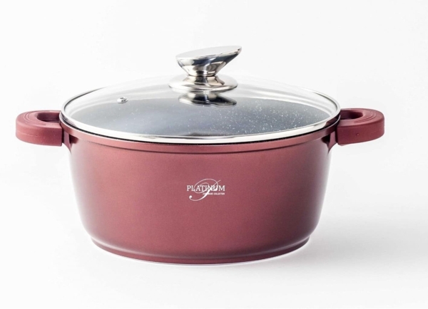 Kochtopf Aluguss Glasdeckel Ø20cm Induktion Marmorbeschichtung Suppentopf Pfanne Burgundy