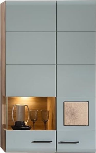 Hängevitrine >Kathlin< 2 Türen, inkl LED, schilfgrün / Eiche Dekor - 80x136x37 (BxHxT)