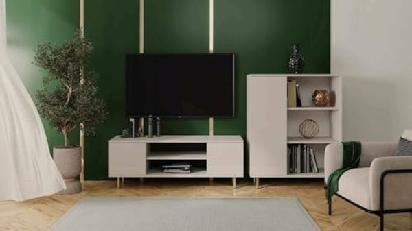 Dmora - Fernsehschrank Tychy, Ständer für Wohnzimmerfernseher, Niedriges Wohnzimmer-Sideboard, TV-Ständerbasis, 48x155 h40 cm, Beige