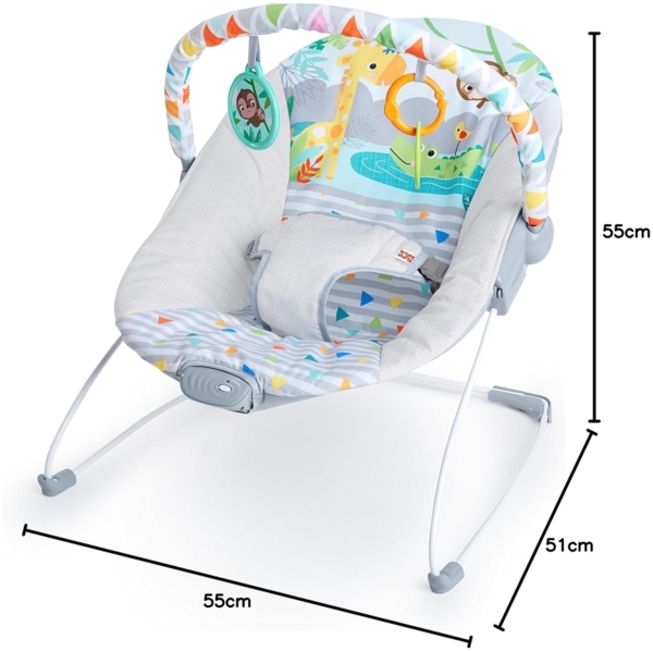 Bright Starts, Babywippe Safari Fun mit Beruhigenden Vibrationen, Spielbogen mit 2 Spielzeugen, 3-Punkte-Gurt Sitz, Maschinenwaschbares Sitzpolster, ab der Geburt bis 9kg Bild 11