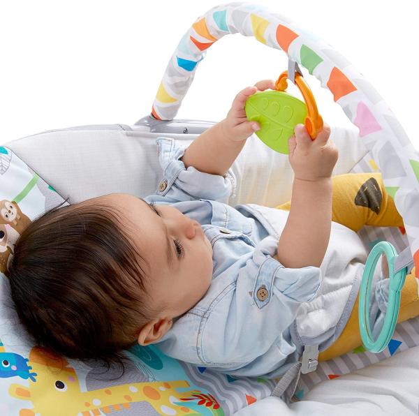 Bright Starts, Babywippe Safari Fun mit Beruhigenden Vibrationen, Spielbogen mit 2 Spielzeugen, 3-Punkte-Gurt Sitz, Maschinenwaschbares Sitzpolster, ab der Geburt bis 9kg Bild 8