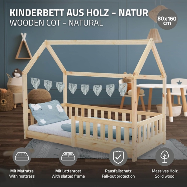 ML-DESIGN Kinderbett Hausbett mit Rausfallschutz, Dach und Lattenrost Massivholz, Bett 80x160 cm Natur mit Matratze 16cm für Mädchen Jungen Holzbett Bild 3