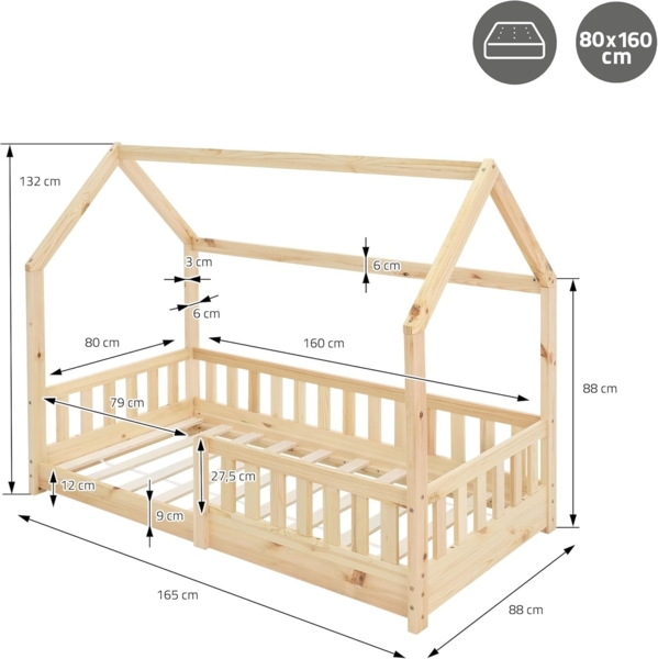 ML-DESIGN Kinderbett Hausbett mit Rausfallschutz, Dach und Lattenrost Massivholz, Bett 80x160 cm Natur mit Matratze 16cm für Mädchen Jungen Holzbett Bild 2