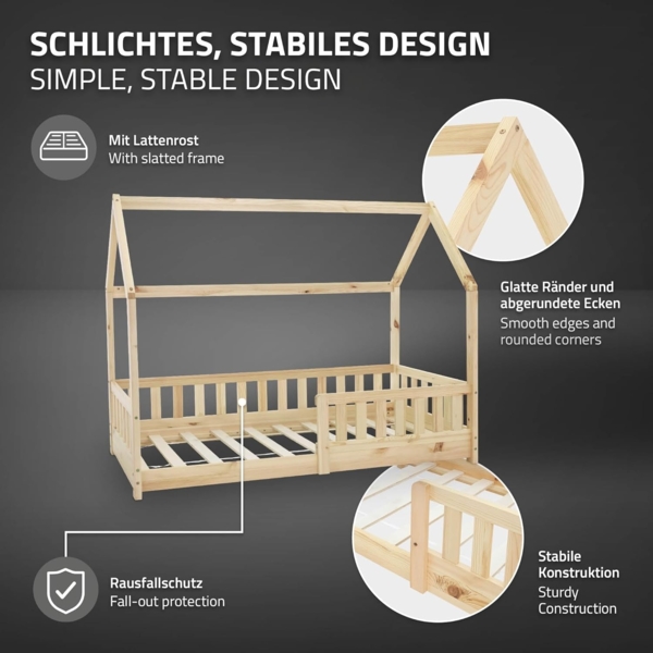 ML-DESIGN Kinderbett Hausbett mit Rausfallschutz, Dach und Lattenrost Massivholz, Bett 80x160 cm Natur mit Matratze 16cm für Mädchen Jungen Holzbett Bild 5