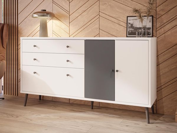 Forte EasyKlix HARLLSON Kommode 160 cm Weiß mit Uni Wolfram Grau, Sideboard mit 2 Schubladen und 3 Türen, hoche Holzfüße, 160 cm breit x 86 cm hoch x 41 cm tief