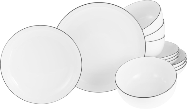CreaTable, 22559, Serie Allround Black Line, 12-teiliges Geschirrset, Teller Set aus Porzellan, spülmaschinen- und mikrowellengeeignet, Made in Europe