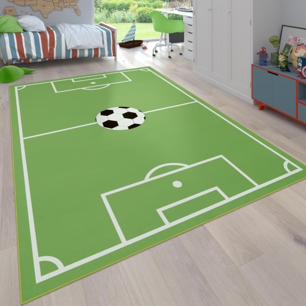 Paco Home Kinderteppich Bino 568, rechteckig, Höhe: 4 mm, Kurzflor, Spiel-Teppich, Motiv Fußballfeld, Kinderzimmer