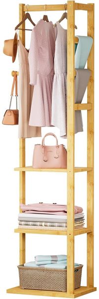 Yorbay Kleiderständer Garderobenständer aus Bambus Garderobe mit Kleiderstange, 3 Ablagen,2 Haken für Kleidung, Hüte, Taschen, Flur