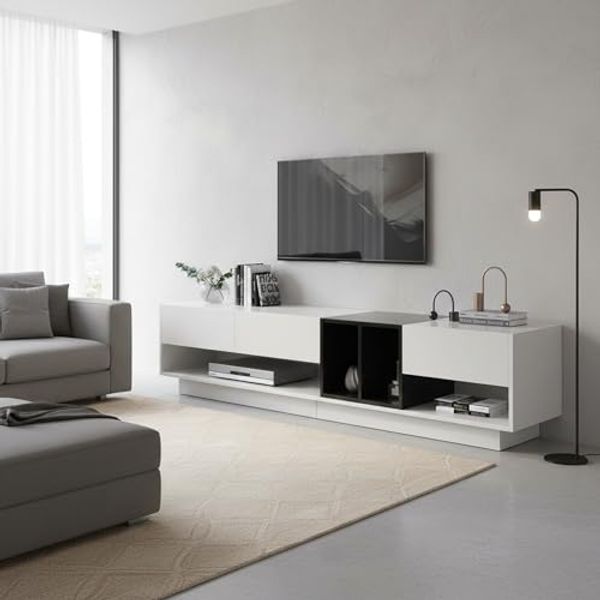 FurnitureR TV-Lowboard in Hochglanzweiß & Holzdekor, 3 Schubladen & offene Medienfächer für modernes Wohnzimmer