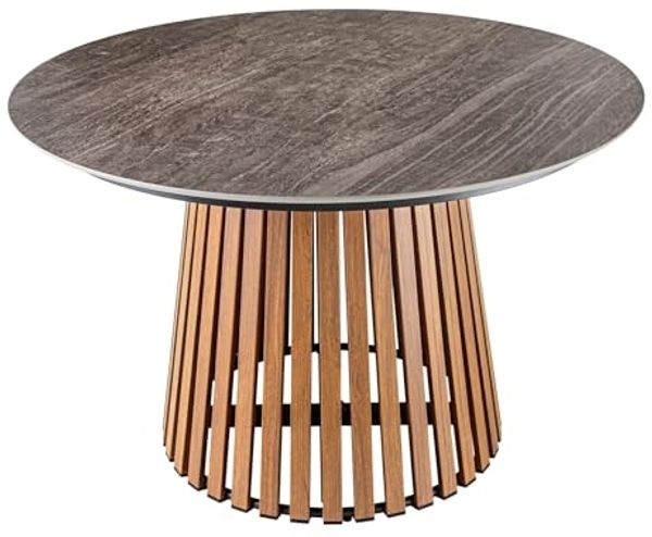 riess-ambiente Esstisch VALHALLA WOOD Ø115cm grau / braun · bis 6 Personen (Einzelartikel, 1-St), Keramik · rund · Indoor · Outdoor · Lamellen-Design · Japandi-Stil