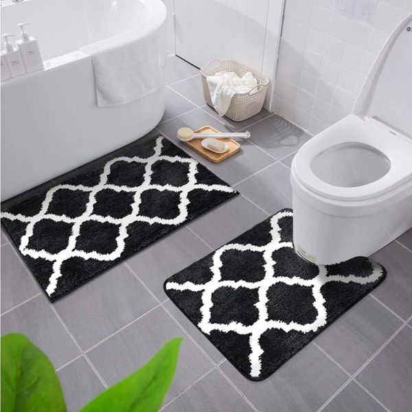 Homaxy rutschfest Badematten Set 2 teilig Weich Hochflor Bad WC Badezimmerteppich Set Mikrofaser Badvorleger Set 2teilig -Schwarz
