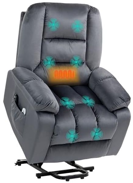 HOMCOM Massagesessel Elektrischer Aufstehsessel mit Seitentaschen (Fernsehsessel mit Fernbedienung, 1-St, Relaxsessel mit Liegefunktion), für Arbeitszimmer, Wohnzimmer, Grau