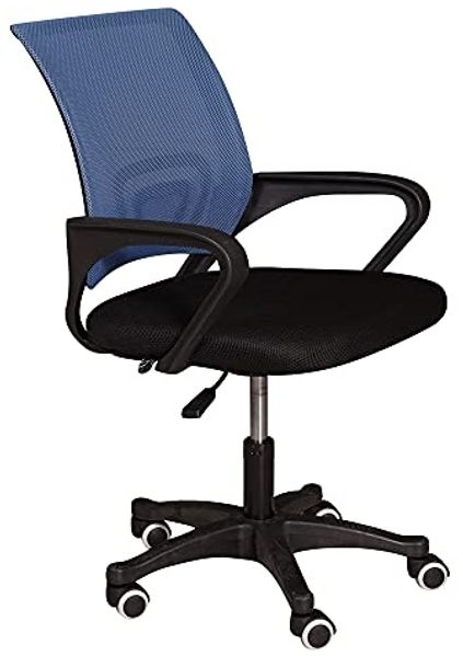 Dmora Bürostuhl auf Rädern, Liftstuhl mit Armlehnen, Stuhl aus gepolstertem Stoff mit Netzrückenlehne, cm 62x50h84 / 93, Farbe Schwarz und Blau