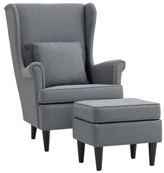HOMCOM Relaxsessel Ohrensessel mit Hocker, Polsterstuhl mit Liegefunktion (Polstersessel mit hoher Rückenlehne aus Stoff, 2-St, TV-Sessel für Schlafzimmer, Wohnzimmer), 83 x 75 x 104 cm, Grau