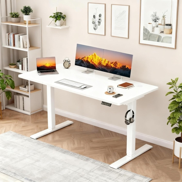 JUMMICO Höhenverstellbarer Schreibtisch, 110x60 cm, Elektrisch Schreibtisch Höhenverstellbar, Ergonomischer Steh-Computertisch, Weiß Bild 2