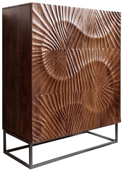 riess-ambiente Highboard SCORPION 120cm dunkelbraun / schwarz · Hochschrank aus Massivholz (Einzelartikel, 1 St), Metall-Gestell · 3D Schnitzereien · 2 Türen · 6 Fächer · Wohnzimmer