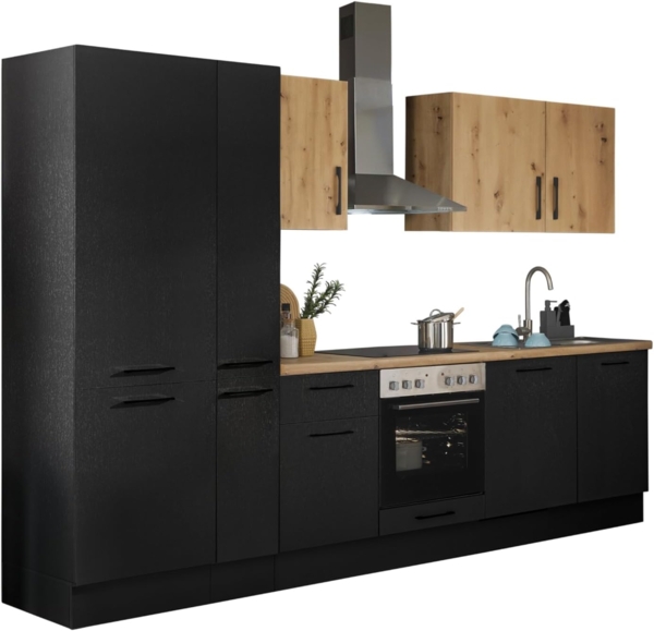 Turin Z Küchenzeile 310 x 211 x 60 cm, schwarz - Ohne Küchengeräte - Moderne, geräumige Küche in Artisan-Eiche Optik mit viel Stauraum
