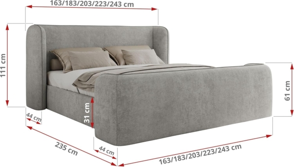 Polsterbett mit Lattenrost, Doppelbett für Schlafzimmer, Gepolstertes Kopfteil - EMORA CLASSIC DUO - 180 x 200 cm - Hellgrau Struktur Bild 2