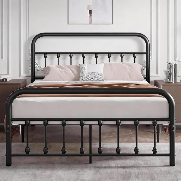 Metallbett 140x200 cm Bettrahmen mit Hohem Kopfteil, Stabiles Bettgestell Doppelbett aus Metall mit Lattenrost, Metall Gästebett Jugendbett, Viel Stauraum unter dem Bett, Schwarz