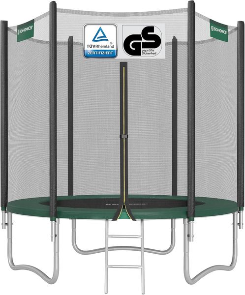 Songmics Trampolin mit Sicherheitsnetz, Leiter und gepolsterten Stangen, schwarz-grün, Ø 183 cm