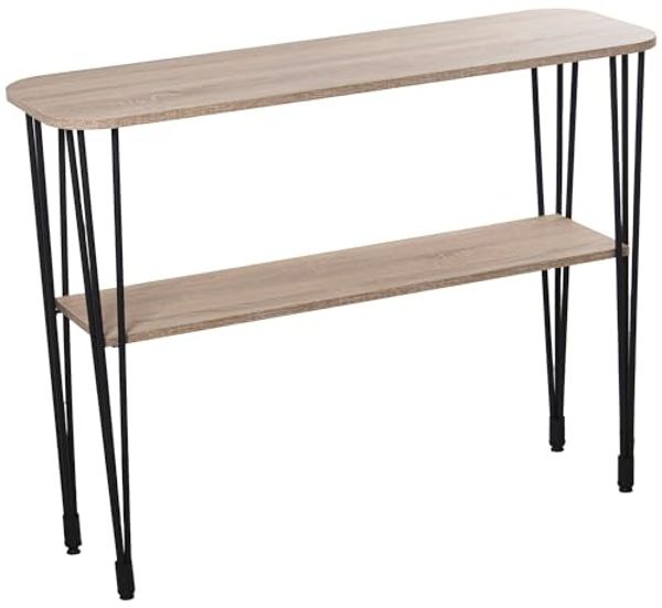 DRW Eingangstisch mit Ablage aus Holz und Metall in Schwarz und Eiche, 120 x 40 x 91 cm, Regal 106 x 28 x 1,8 cm