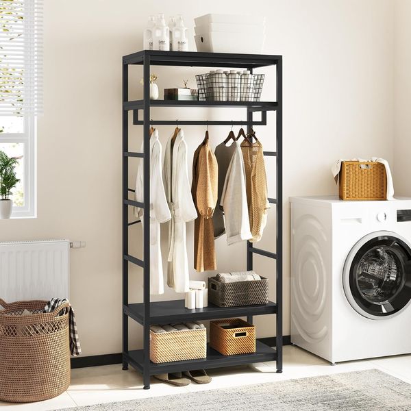 YITAHOME Garderobenständer, Hoher Garderobe, Industrieller Garderobenständer mit 4 Ablagen, Bodenstehende Kleiderstange mit Schuhablage, Kleiderständer für Flur, Wohnzimmer, Schwarz
