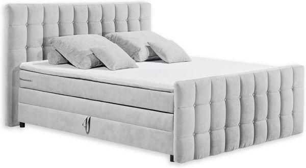 Stella Trading Mendoza 6 Boxspringbett 160x200 mit Bettkasten, Silber - Bequemes Bett mit dekorativer Steppung & Kaltschaum Topper - 183 x 120 x 222 cm (B/H/T)