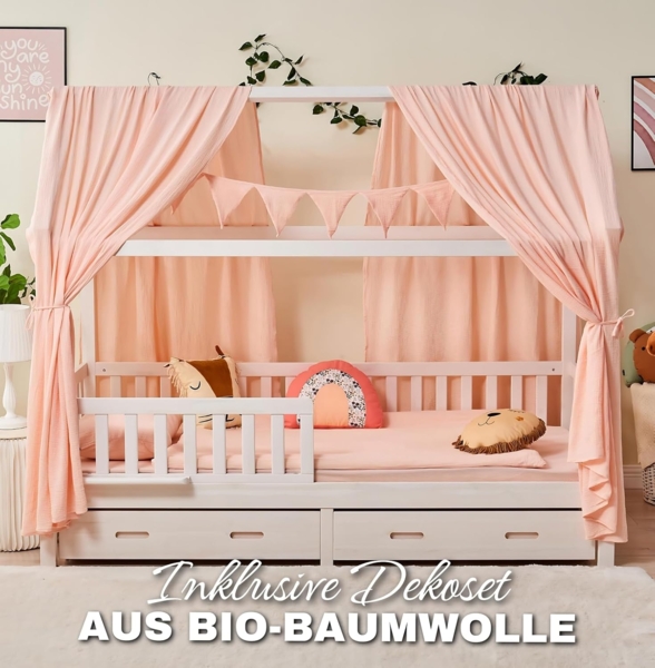 Alavya Home® Hausbett CLOUD aus Buche – FSC® 100% zertifiziert SET mit Musselin DEKO (Hausbett 80x160 cm mit Schubladen inkl. Deko und Matratze mit Rausfallschutz und Lattenrost I Jugendbett Liegefläche Kinderbett 80x160), Aus hochwertigem, massivem Bu... Bild 5