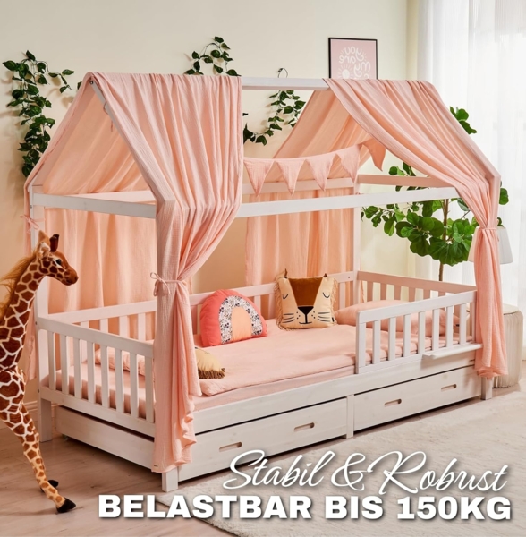 Alavya Home® Hausbett CLOUD aus Buche – FSC® 100% zertifiziert SET mit Musselin DEKO (Hausbett 80x160 cm mit Schubladen inkl. Deko und Matratze mit Rausfallschutz und Lattenrost I Jugendbett Liegefläche Kinderbett 80x160), Aus hochwertigem, massivem Bu... Bild 8