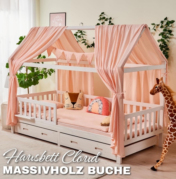 Alavya Home® Hausbett CLOUD aus Buche – FSC® 100% zertifiziert SET mit Musselin DEKO (Hausbett 80x160 cm mit Schubladen inkl. Deko und Matratze mit Rausfallschutz und Lattenrost I Jugendbett Liegefläche Kinderbett 80x160), Aus hochwertigem, massivem Bu... Bild 9