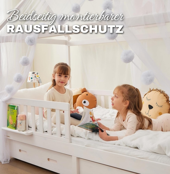 Alavya Home® Hausbett CLOUD aus Buche – FSC® 100% zertifiziert SET mit Musselin DEKO (Hausbett 80x160 cm mit Schubladen inkl. Deko und Matratze mit Rausfallschutz und Lattenrost I Jugendbett Liegefläche Kinderbett 80x160), Aus hochwertigem, massivem Bu... Bild 7
