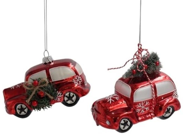 2er Set Christbaum Schmuck Anhänger Weihnachten Auto rot Glas Deko Xmas Advent