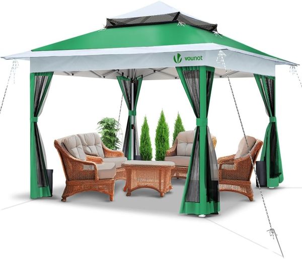 VOUNOT Pavillon Faltbar 3,6x3,6 m, Pop Up Partyzelt mit Mesh Sides & Doppeldach, Faltpavillon Stabil mit Bein Gewichte & Roller Bag, Gartenpavillon Gartenzelt Grün