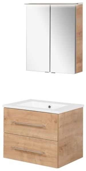FACKELMANN B.PERFEKT Waschtisch Set mit Spiegelschrank 62 cm breit, Braun hell, Waschbecken Keramik