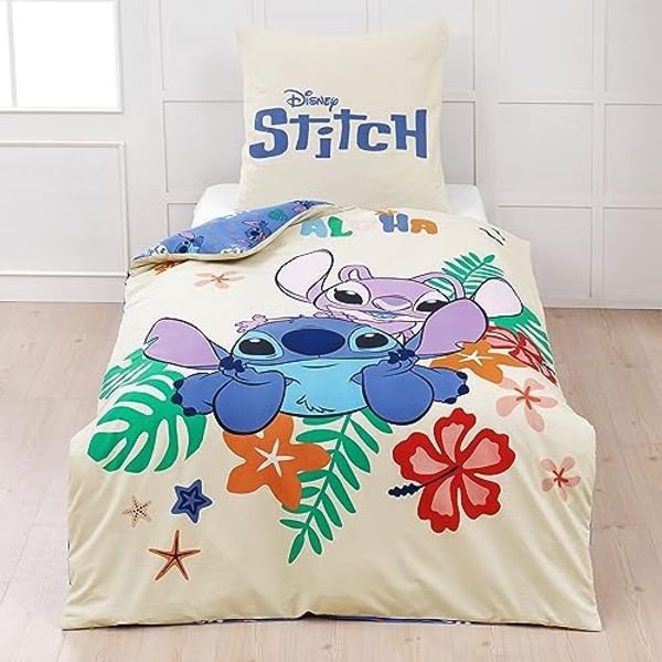 MTOnlinehandel Bettwäsche Lilo & Stitch 135x200 + 80x80 cm, 100 % Baumwolle, Renforcé, 2 teilig, Disney's Kinderbettwäsche mit Reißverschluss