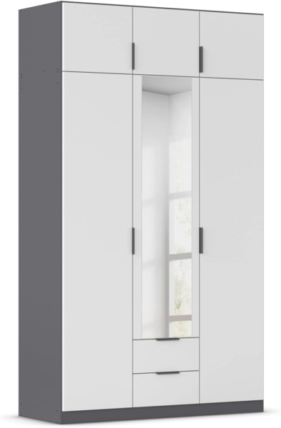 Rauch Möbel Lagoa, Kleiderschrank, Garderobe für Schlafzimmer, Kinderzimmer, Jugendzimmer 6-türig, mit Spiegel, 2 Schubladen, Farbe Weiß/Grau metallic, Schwarz, Breite 136 cm