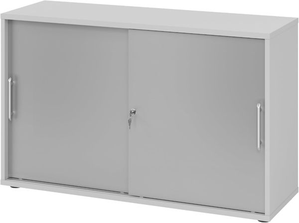 bümö® Schiebetürenschrank mit Schloss | Aktenschrank abschließbar für Ordner | Büroschrank mit Schiebetüren für Akten in Grau-Silber