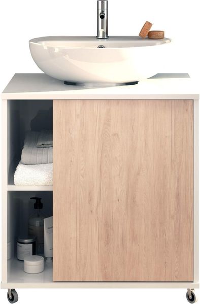Muebles Pitarch | Badezimmerschrank mit Waschbeckenunterschrank, Breite 60 cm, mit Rollen, 1 Tür links oder rechts, Weiß und Aurora Eiche, Modell Sintra