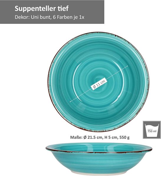 6tlg Suppentellerset Uni bunt tiefe Essteller 750ml Servierplatte Tafel Salat Steingut ofentauglich Bild 6