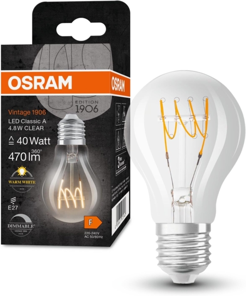 Osram Dimmbare LED-Lampen, Vintage-Edition, 40 Watts Ersatz, E27, A-shape, 2700 Kelvin, Warm weiß, Klares Glas, single Pack